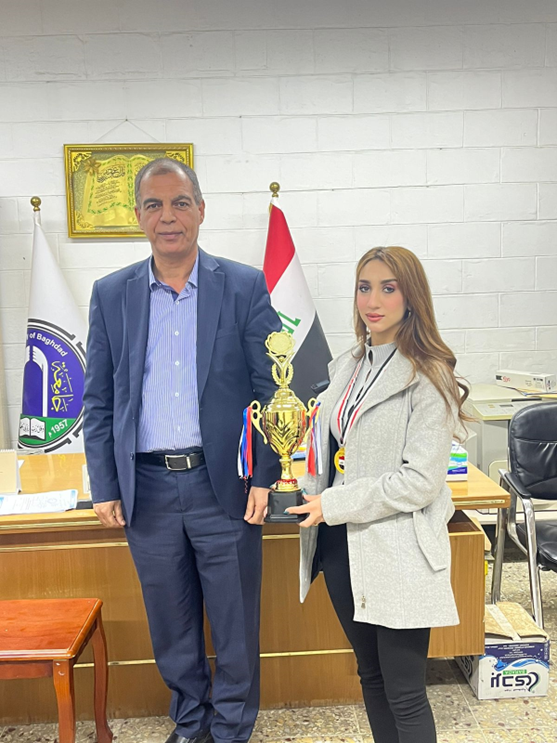 The student, Rania Jassim Ibraheem, from Environmental Engineering Department, won first place in the University of Baghdad Table Tennis Championship for Girls, for the Third Year Respectively